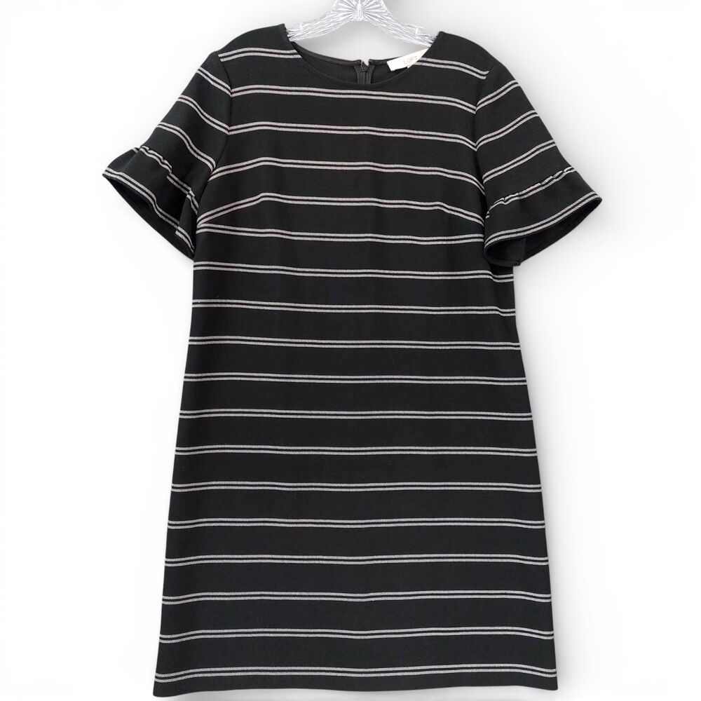 LOFT Black White Stripe Shift Dress Size 12 Short Sleeve Back Zip Stretch Casual